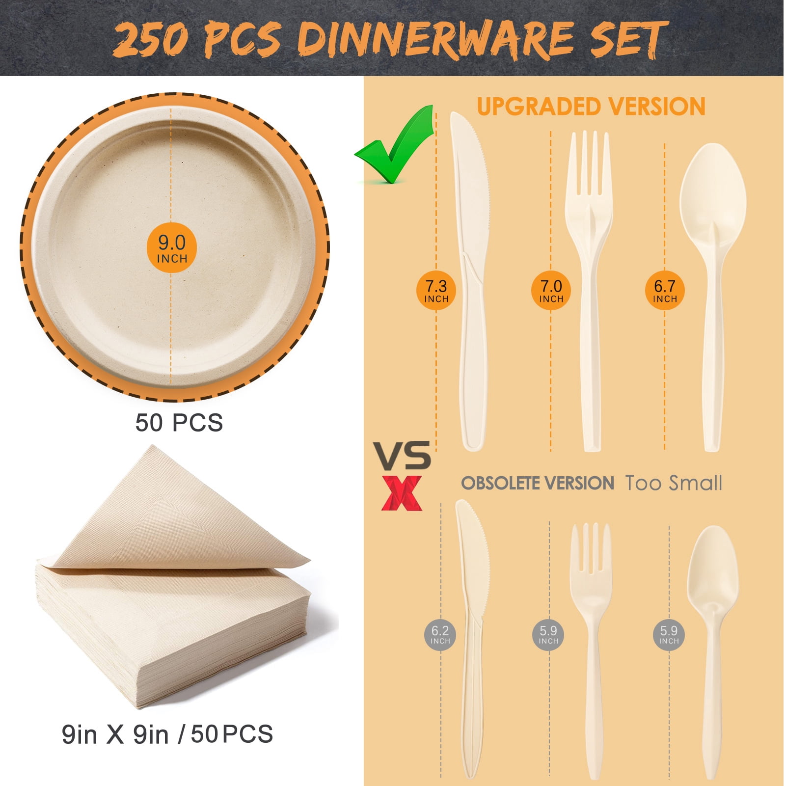 250pcs Disposable Paper Plates Set, Compostable Party Supplies, Biodegradable Dinnerware Include Paper Plates, Cocktail Napkins, Utensils for Party, Picnic, 50 Each