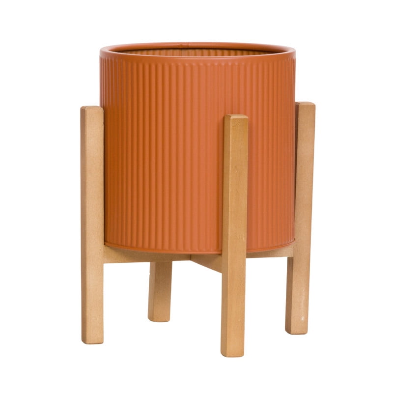 Fluted Metal Planter Pot With 4-Leg Wood Base - Terracotta Color - 12"H x 10"W
