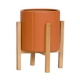 thumbnail image 2 of Fluted Metal Planter Pot With 4-Leg Wood Base - Terracotta Color - 12"H x 10"W, 2 of 4