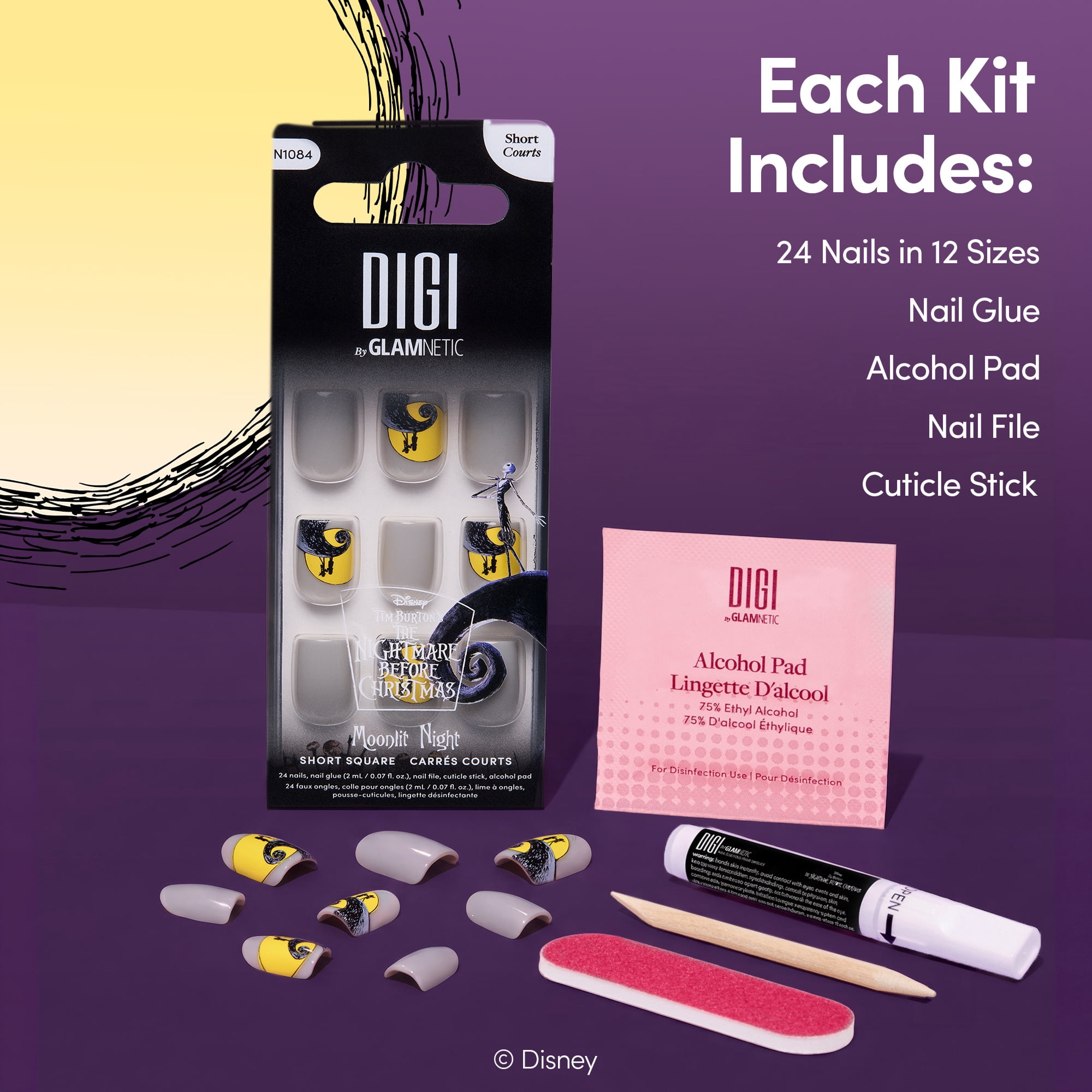 DIGI by Glamnetic x Nightmare Before Christmas Short Square Press-on Nails, Moonlit Night, 24 Pieces