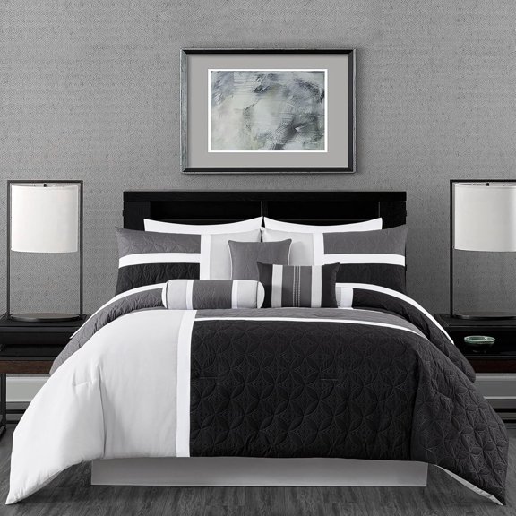 Upland 7-Piece Quilted Patchwork Comforter Set, Black/Gray/Light Gray, Queen