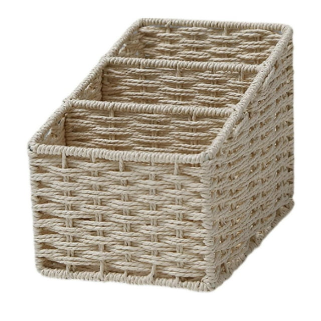 Cesta de almacenamiento de 3 compartimentos hecha a mano, práctico organizador de escritorio, contenedor de artículos pequeños para dormitorio, estant Beige