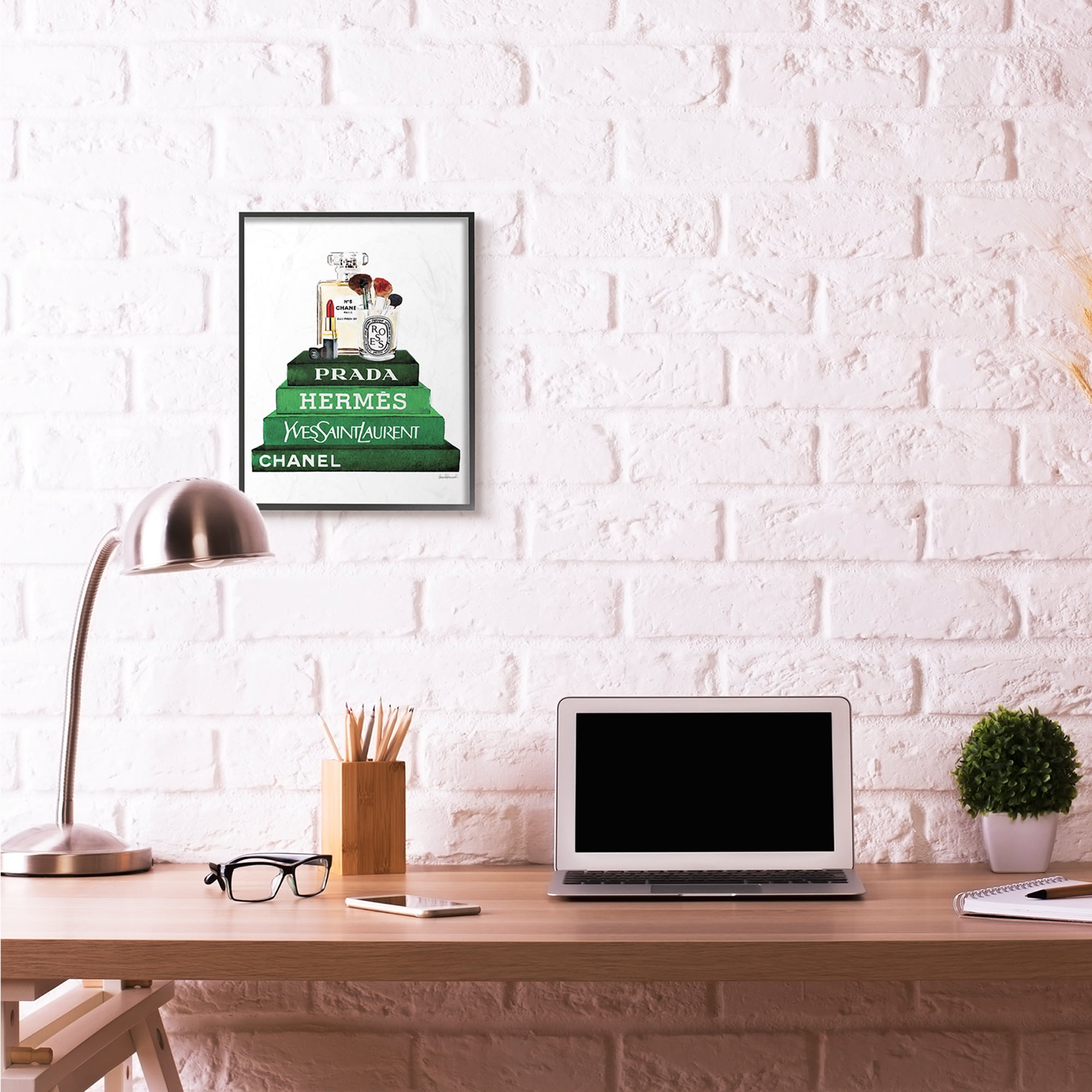Stupell Industries Fashion Designer Makeup Bookstack Green Watercolor Framed Wall Art by Amanda Greenwood
