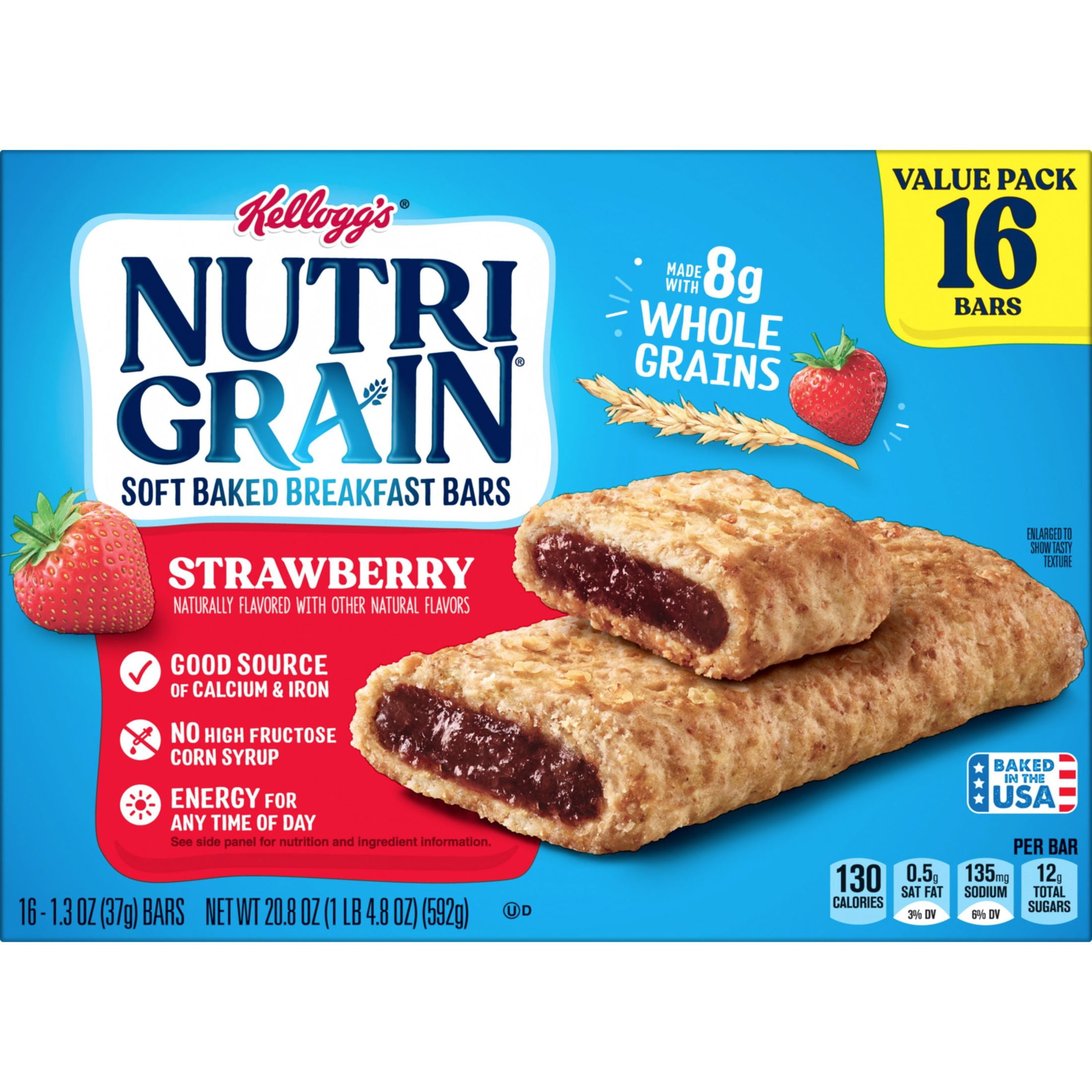 Kellogg's Nutri-Grain Strawberry Chewy Breakfast Bars, Made with 10g Whole Grains, 20.8 oz, 16 Count