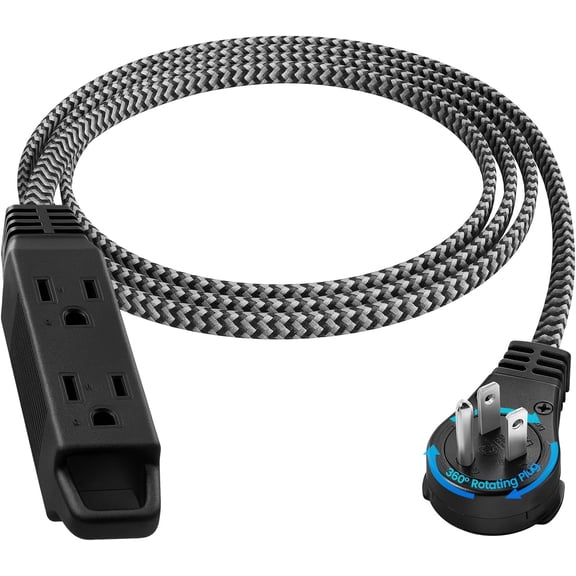 6FT Flat Extension Cord with 360? Rotating Plug, Braided Flat Plug with 3 Outlets, 16 AWG Thin Black Extension Cord for Indoor Use, , Office, Compact Spaces, ETL Listed