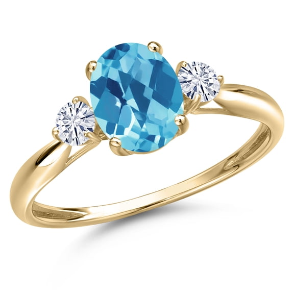 Gem Stone King 10K Yellow Gold Swiss Blue Topaz and White Moissanite 3-Stone Ring for Women | 1.50 Cttw | Oval Checkerboard 8X6MM | Gemstone November Birthstone | Size 7