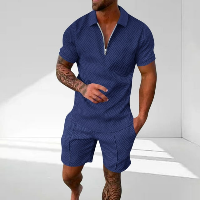 NTACZA Athletic Men's Shorts Set Short Sleeve Texured Tracksuits Big And Tall Quarter Zip Elastic Waist Sweatsuits S