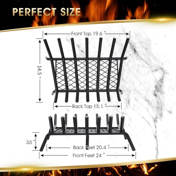 Fireplace Grate 24" with Ember Retainer - Heavy Duty Cast Iron Indoor/Outdoor Fire Pit Accessory