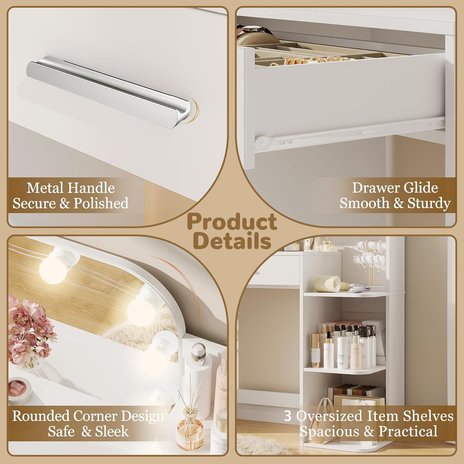 32" Makeup Vanity Desk with Mirror and Lights, 3 Lighting Colors, 5 Storage Shelves & Large Drawer, White Vanity Set for Bedroom, Girls and Women