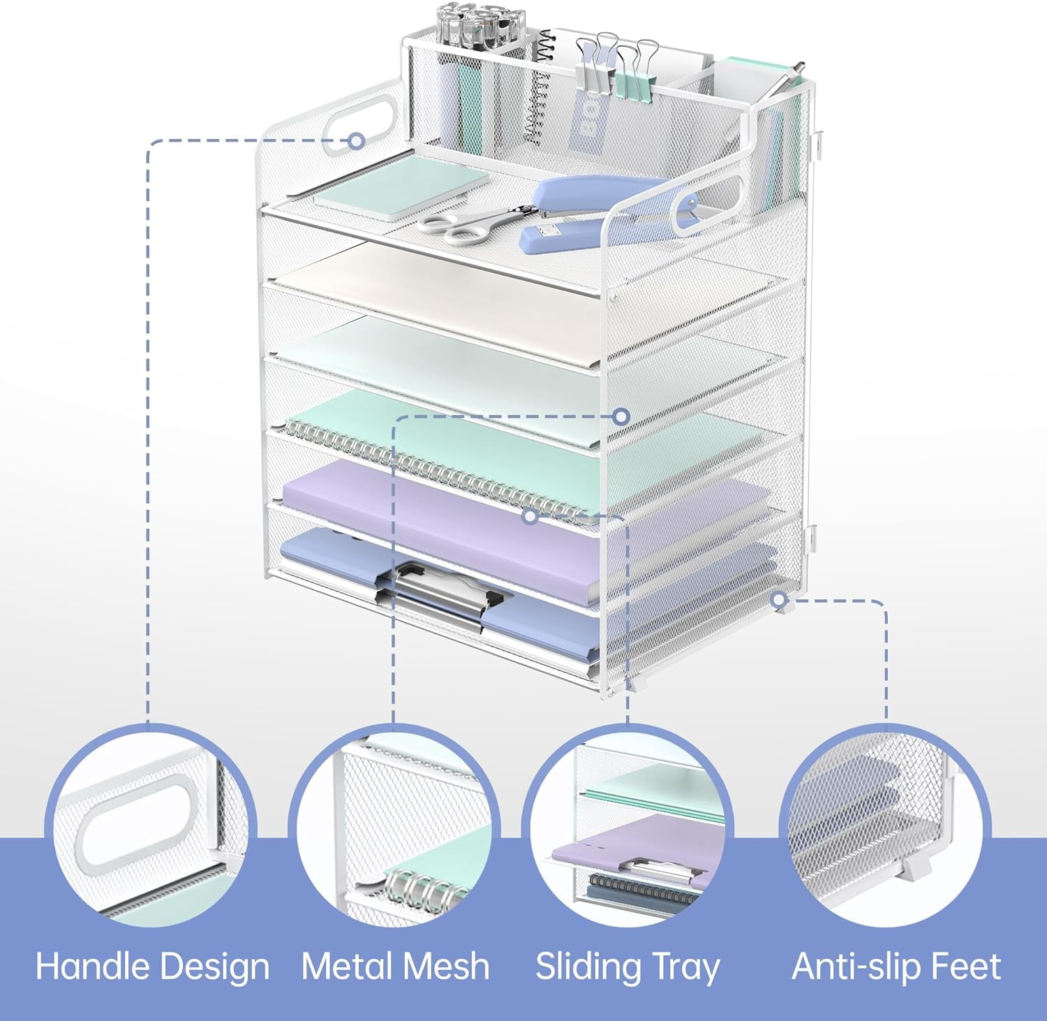 INTIGE 6 Tier Metal Desk File Organizer with Handle and Pen Holders, White, 1 Piece