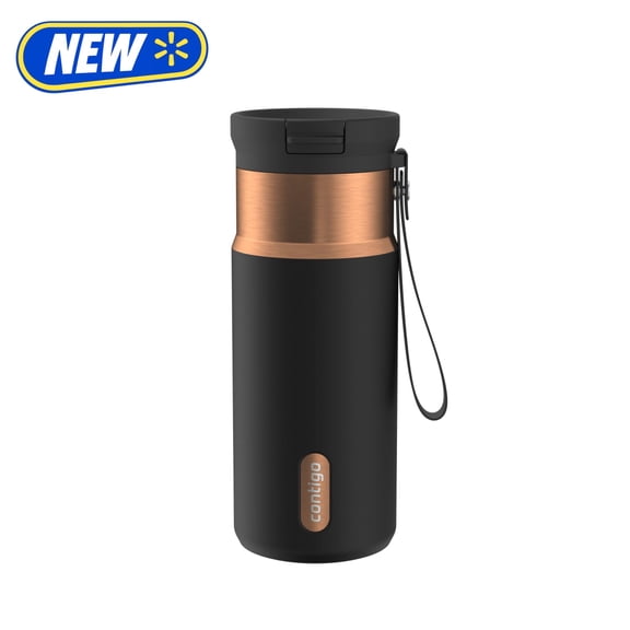 Contigo SnapSeal Leakproof Stainless Steel Reusable Water Bottle with Carrying Strap, Black/Bronze, 16 oz
