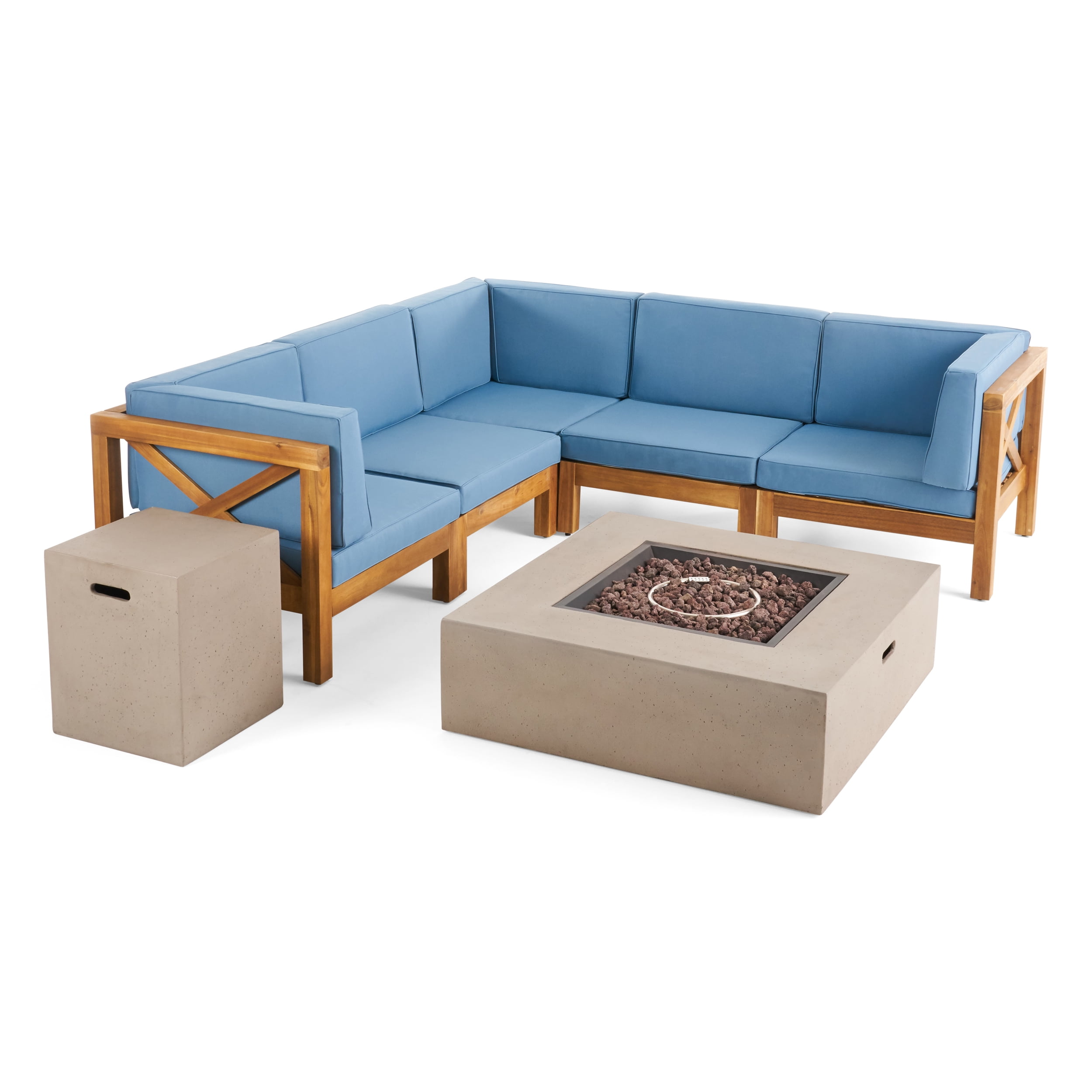 Elisha Outdoor 7 Piece Acacia Wood Sectional Sofa Set with Cushions and Fire Pit, Teak, Blue, Light Gray