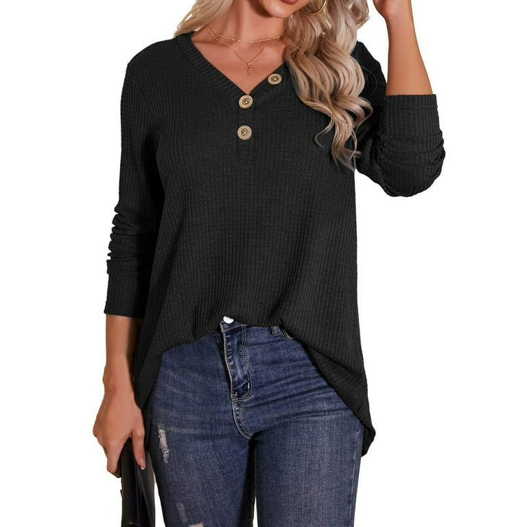 Women's Plus Size Waffle Knit Tunic Tops Loose Long Sleeve Button Up Blouse  V Neck Henley Shirts