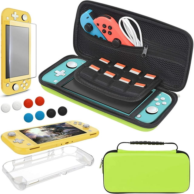 XINQIHANG 4 in 1 Accessories Kit Compatible with Nintendo Switch Lite, Travel Bag, Carrying Case & Protective Case & Tempered Glass Screen Protector & 6 Thumb Grip Caps-Green