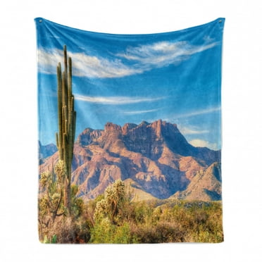 Cactus Soft Flannel Fleece Blanket, Landscape of Mountain Sun Desert Cactus Plant Botanic Bushes Sky with Clouds Image, Cozy Plush for Indoor and Outdoor Use, 60" x 80", Multicolor, by Ambesonne