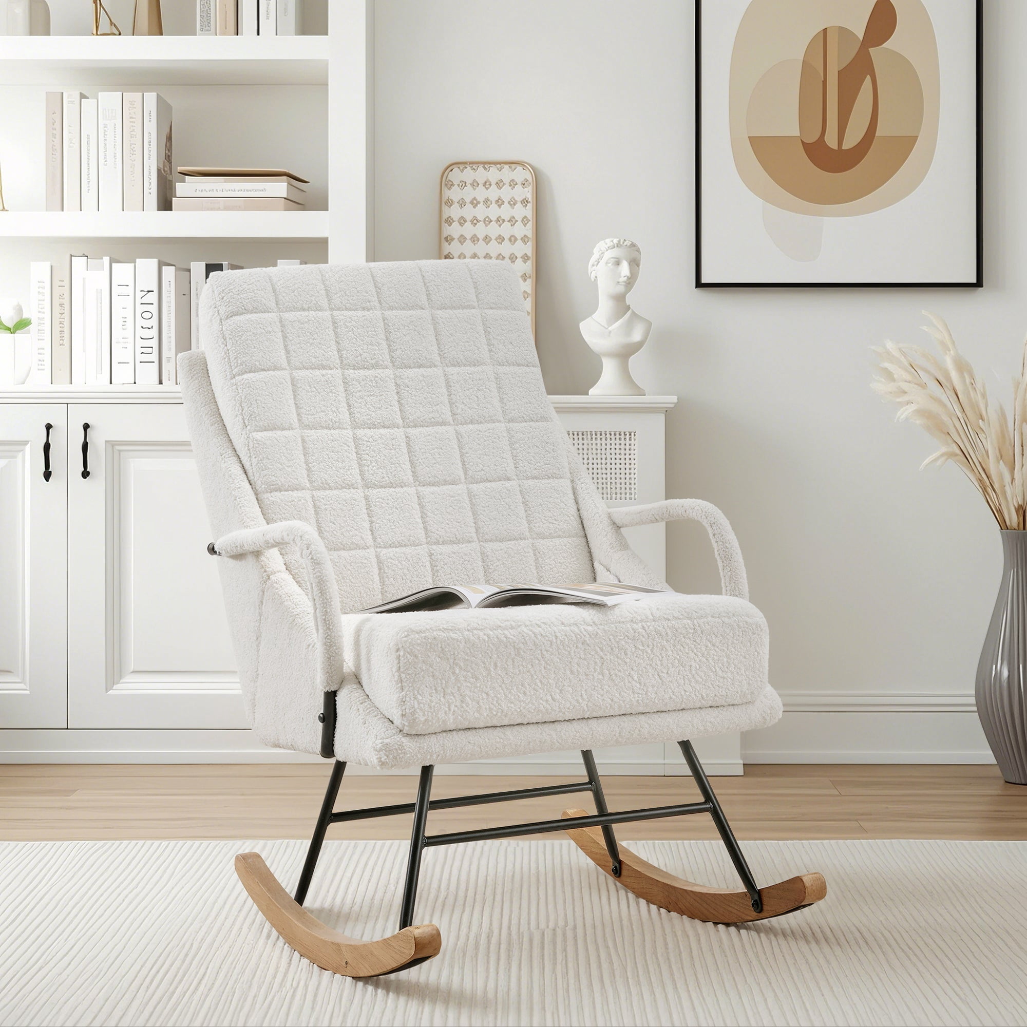 VECELO Nursery Rocking Chair with High Backrest, Teddy Upholstered Comfortable Rocker with Padded Seat for Living Room, Bedroom, White