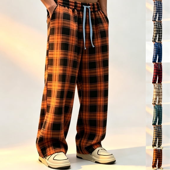 Zenithor Men's Plaid Straight Wide Leg Casual Pants Elastic Waist Drawstring Lightweight Streetwear Trousers with Pockets S-3XL