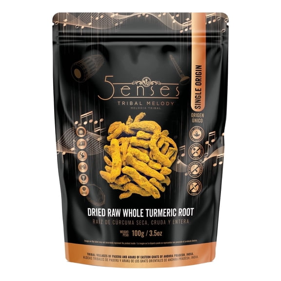 5Senses Dried Whole Turmeric Root | Curcuma Longa | Single Origin | Sun Dried Whole Turmeric | Non-GMO, Vegan, Gluten Free | Indian Spice (100g)