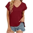 thumbnail image 2 of Otvok Womens New Summer Solid Color V-Neck Short Sleeve Tops with A Slit At The Hem, 2 of 6