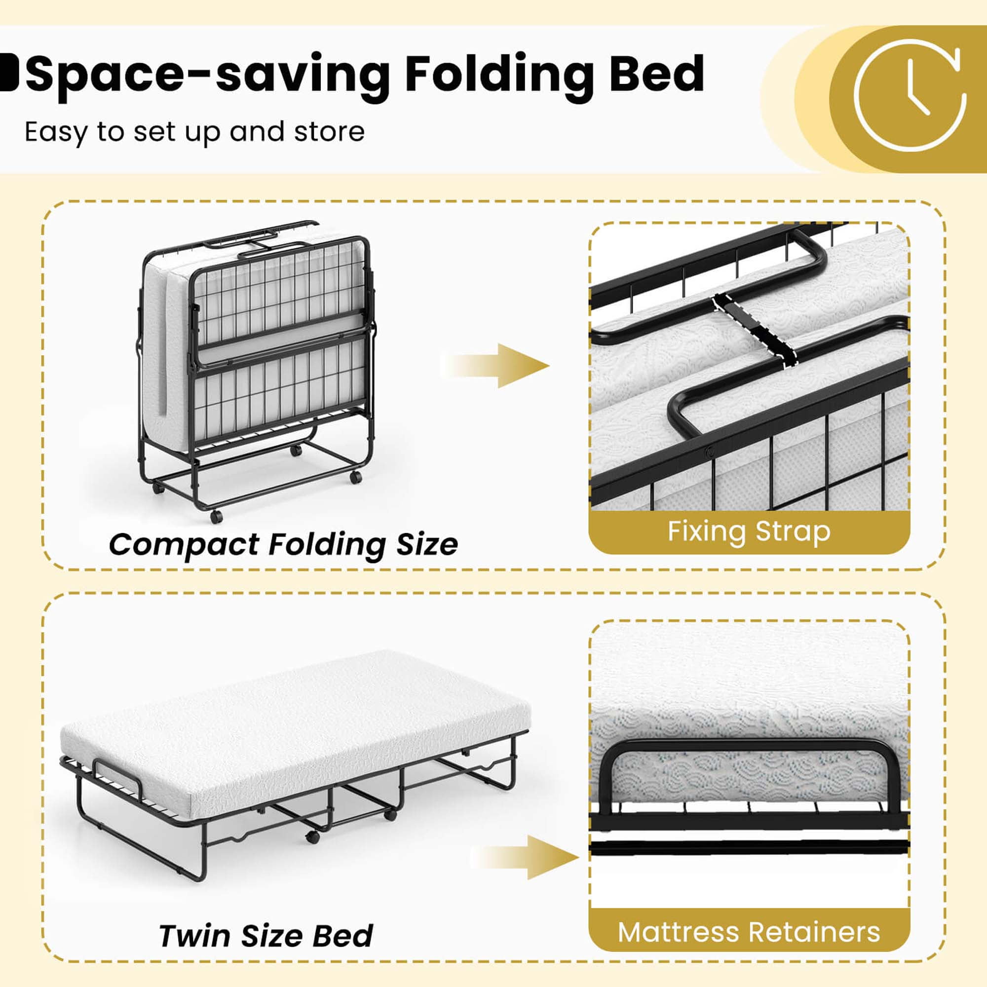 Costway Twin Size Folding Bed 38" x 75" Rollaway Guest Bed Portable Sleeper Bed