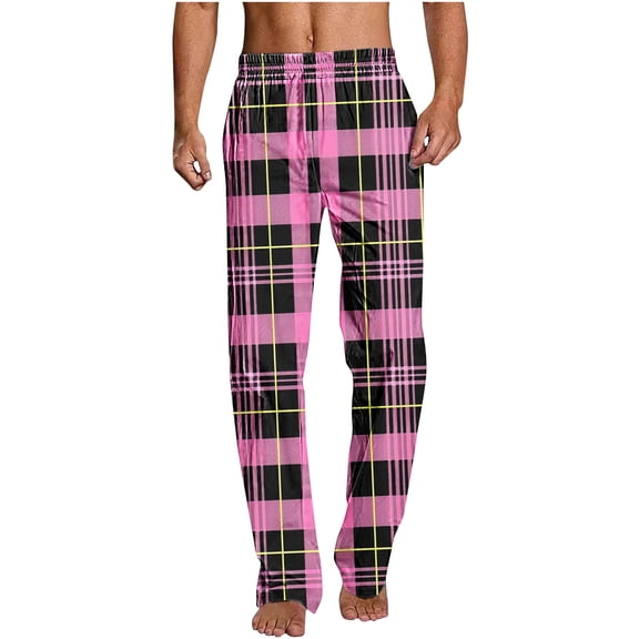 Kvture Pajamas for Mens Graphic Loose Fit Thin Plaid Straight Leg Long Leg Trousers Pants Pajamas PJ Man Hot Pink L