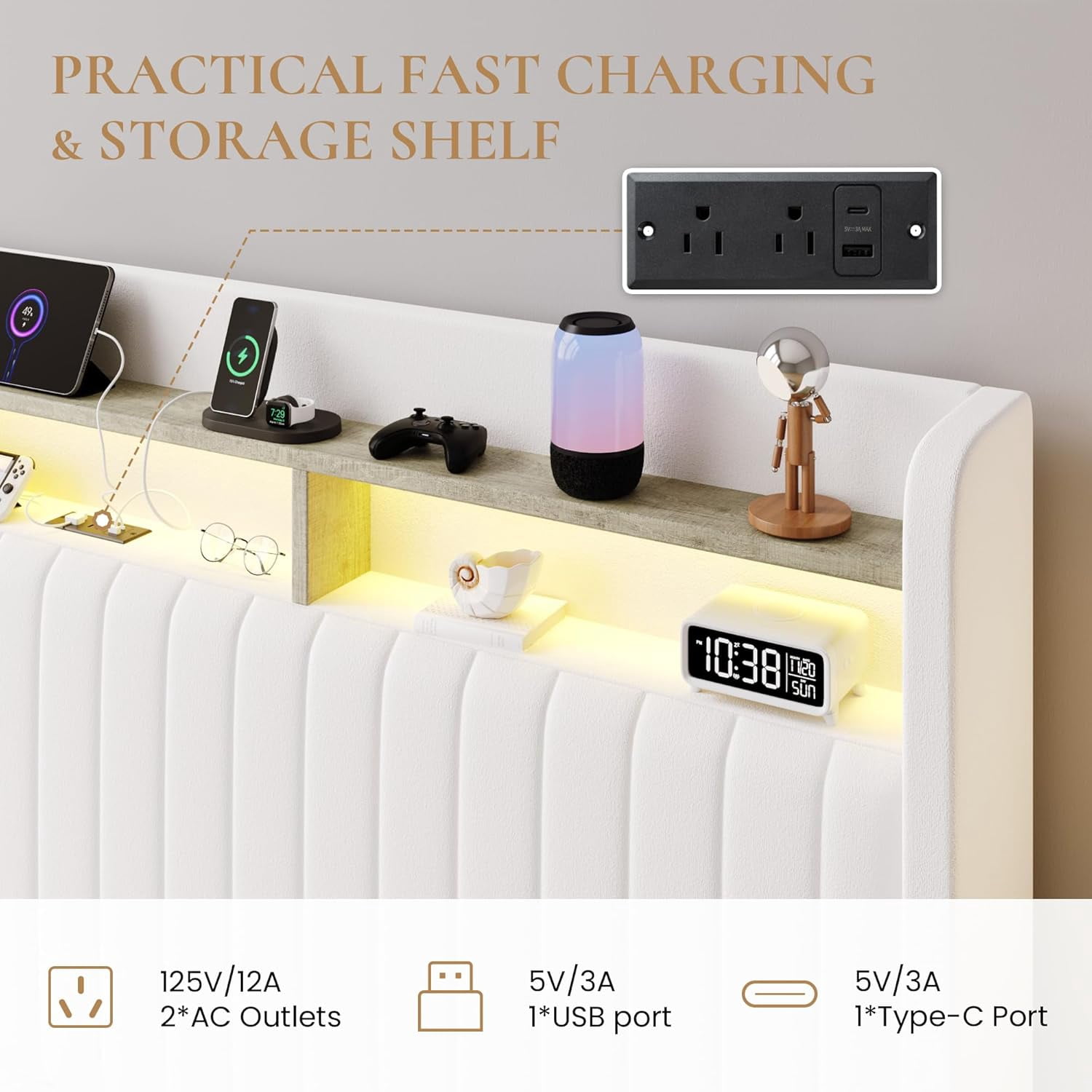 SHA CERLIN King Size Lift Up Storage Bed Frame, LED Lights, Charging Station, 2-Tier Shelves Headboard, USB Type-C Ports, Velvet Upholstered, Hydraulic Support, Noise Free, White
