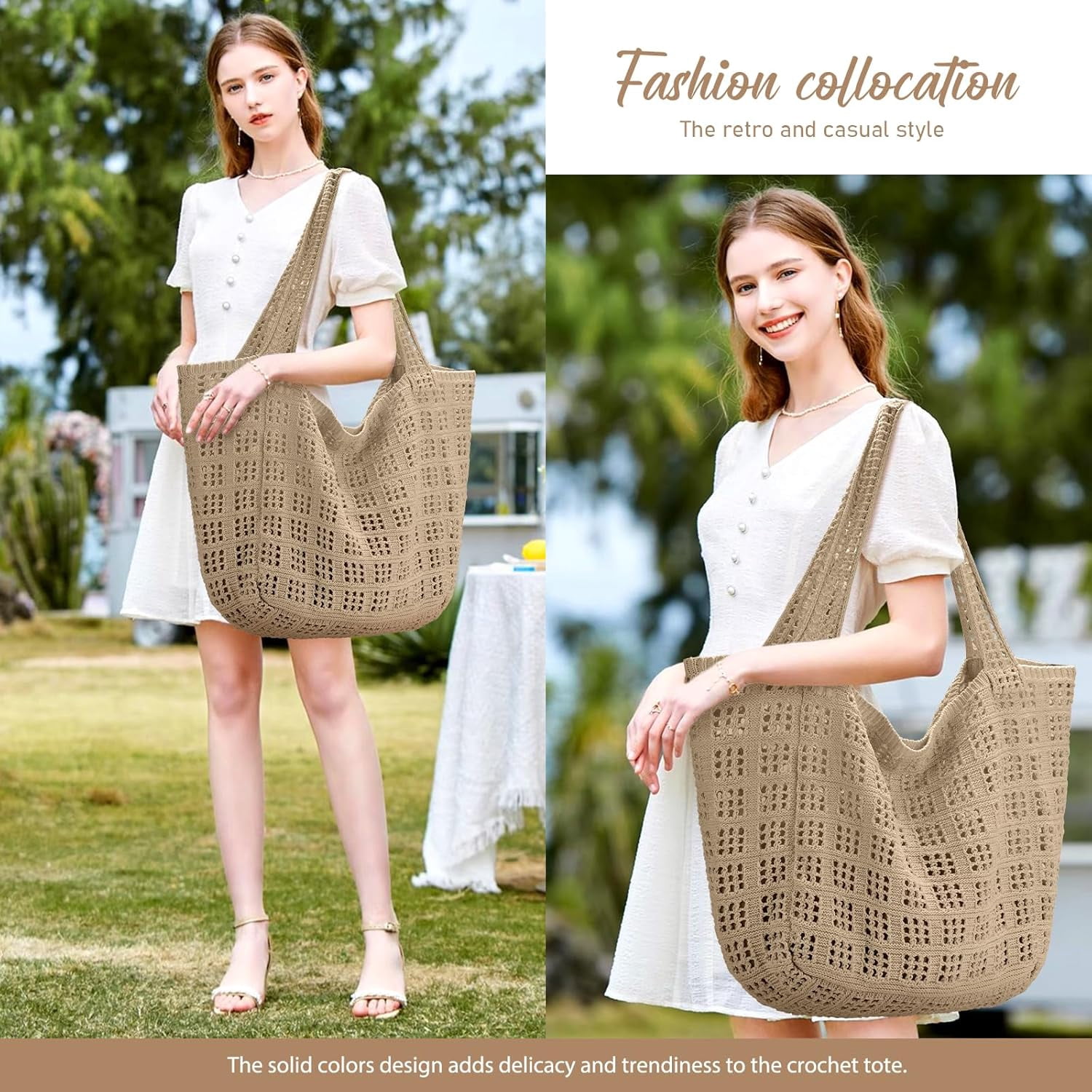 CAILDANL Crochet Bags for Women - Large Tote Aesthetic Handbag Shoulder Hippie Knit Bag