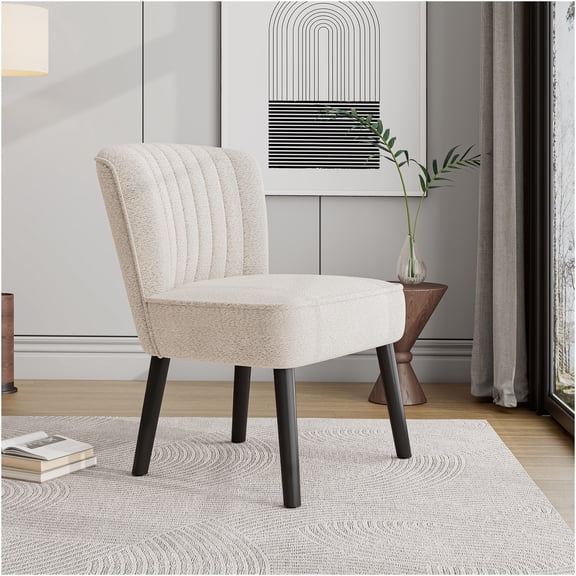JERFIT Modern Upholstered Accent Chair with Channel Tufted Back, Soft Boucle Fabric, Compact Armchair for Small Space, Living Room, Bedroom, Office, White