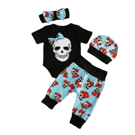 

Qiylii Boy s 4Pcs Clothes Set Skull Short Sleeve Tops+Pants Hat and Headband