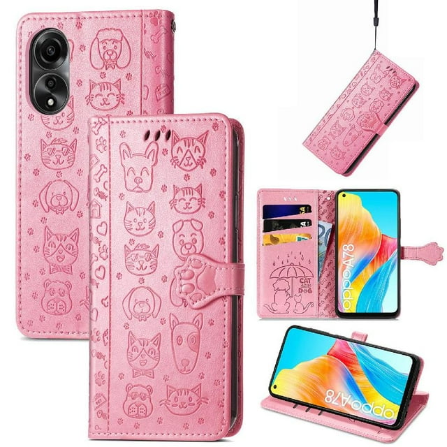 Funda Cartera FOXDOCK para OPPO A78 4G , Flip PU con Relieve de Gatos y Perros, Tarjetero y Soporte