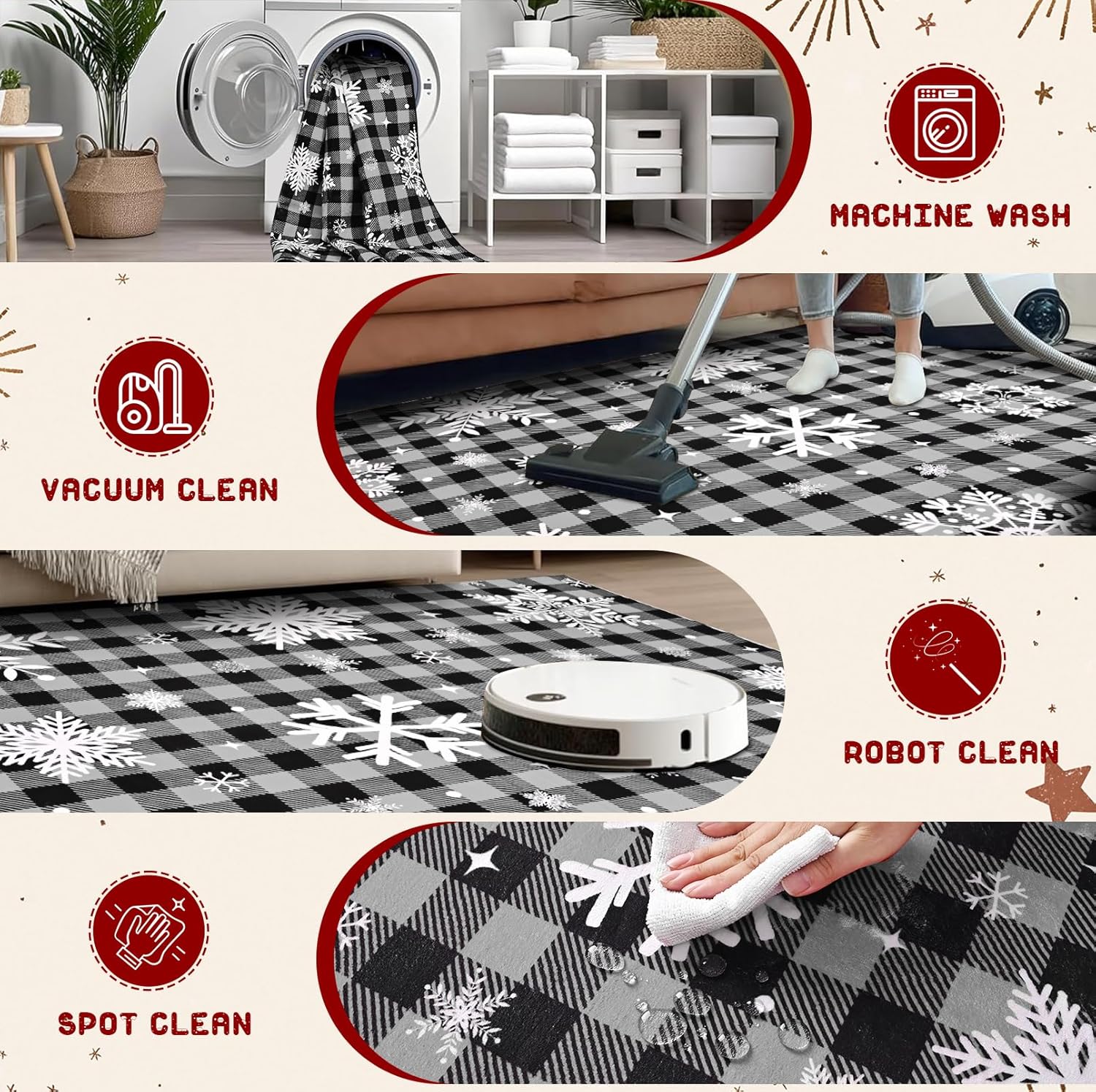 Bleum Cade 8'x10' Christmas Snowflake Area Rugs for Living Room, Washable Rugs for Bedroom Dinning Room,Grey Buffalo Plaid Rug Ultra Soft Non Slip Durable Large Carpet Home Decor