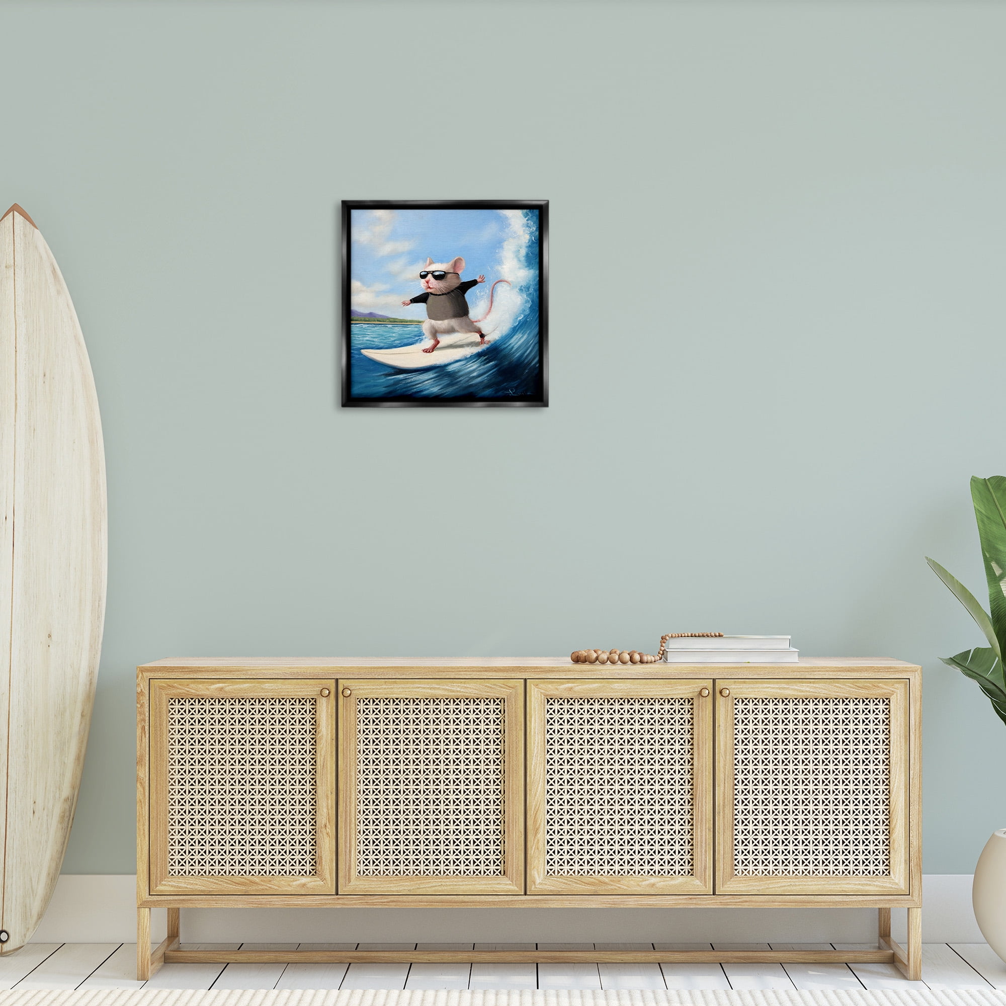 Stupell Industries Cool Surfer Mouse Blue Ocean Waves Animals & Insects Painting Black Floater Framed Canvas Art Print Wall Art, 25 x 25