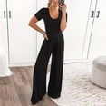 thumbnail image 2 of Riforla Womens Summer Short Sleeve Jumpsuits High Waist Low Cut Casual Scoop Neck Fit and Flare Long Pants Rompers Jumpsuits for Women Black M, 2 of 9