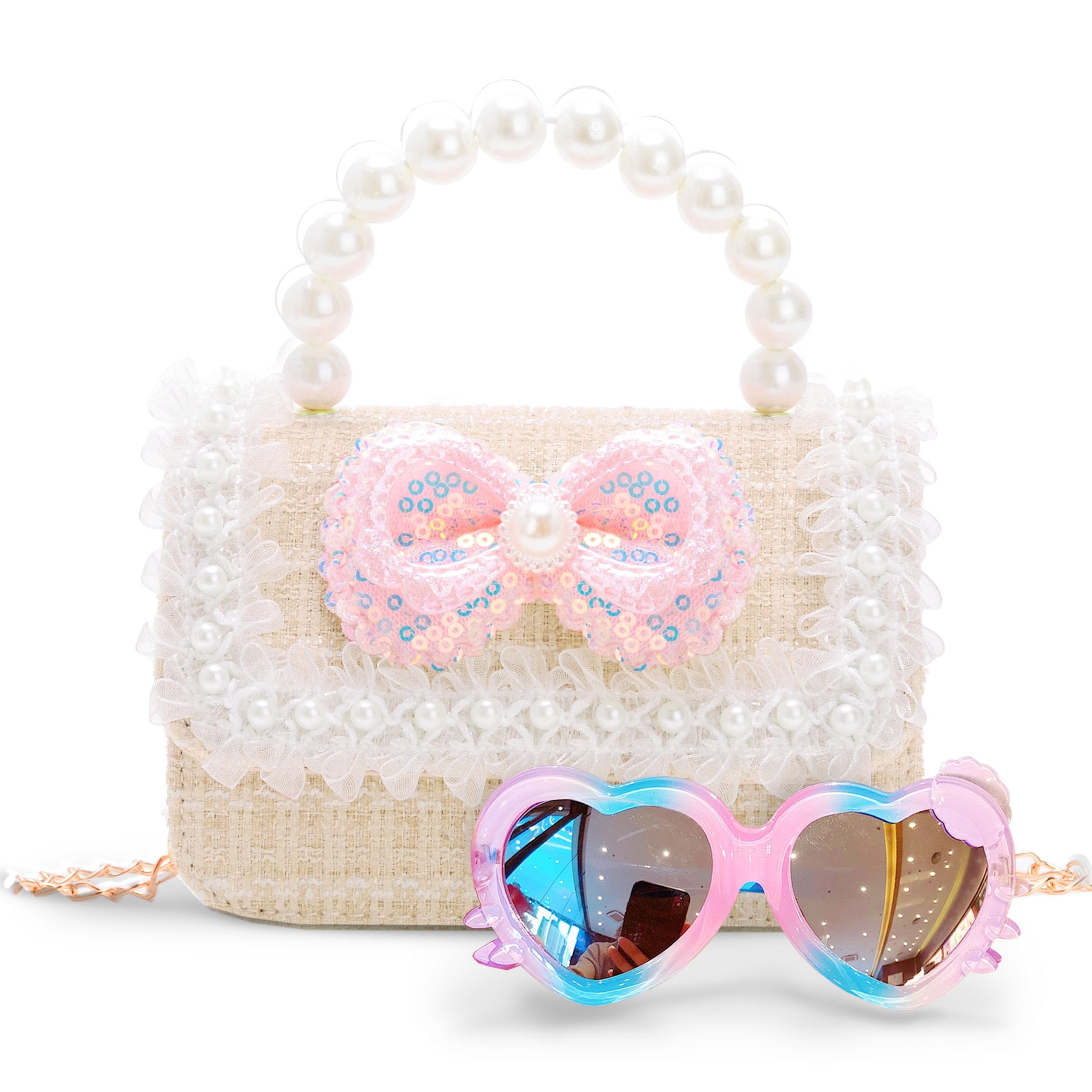 Ristpal Purse, Kids Purse Sunglasses with Pearl Bow,Gift for 3-12 Year Old Birthday Gift, Princess Handbags,Crossbody Bag(White)