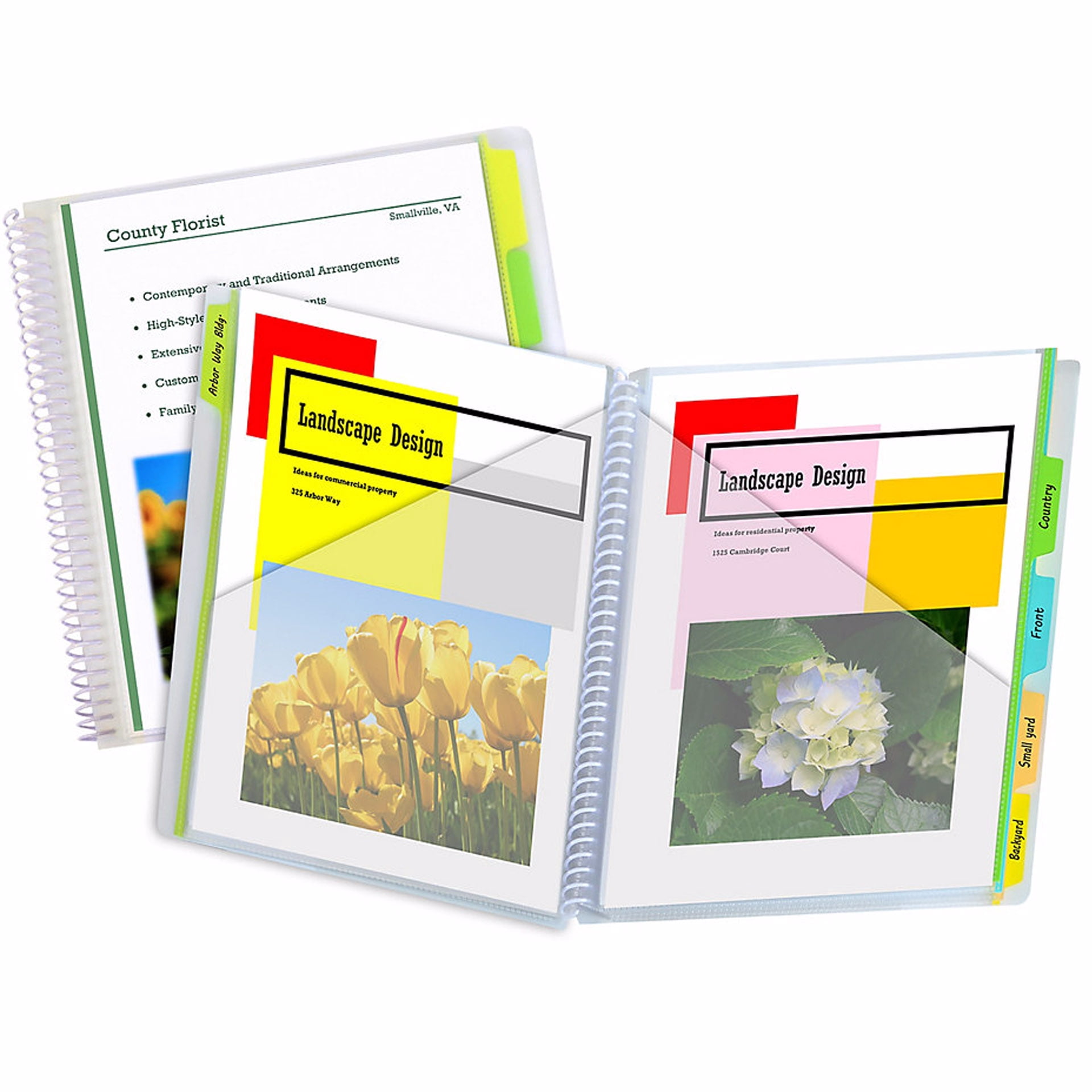 C-Line 10-Pocket Poly Portfolio with Write-On Index Tabs, Spiral Bound, 5-Tab, Clear with Assorted Color Tabs, Pack of 3
