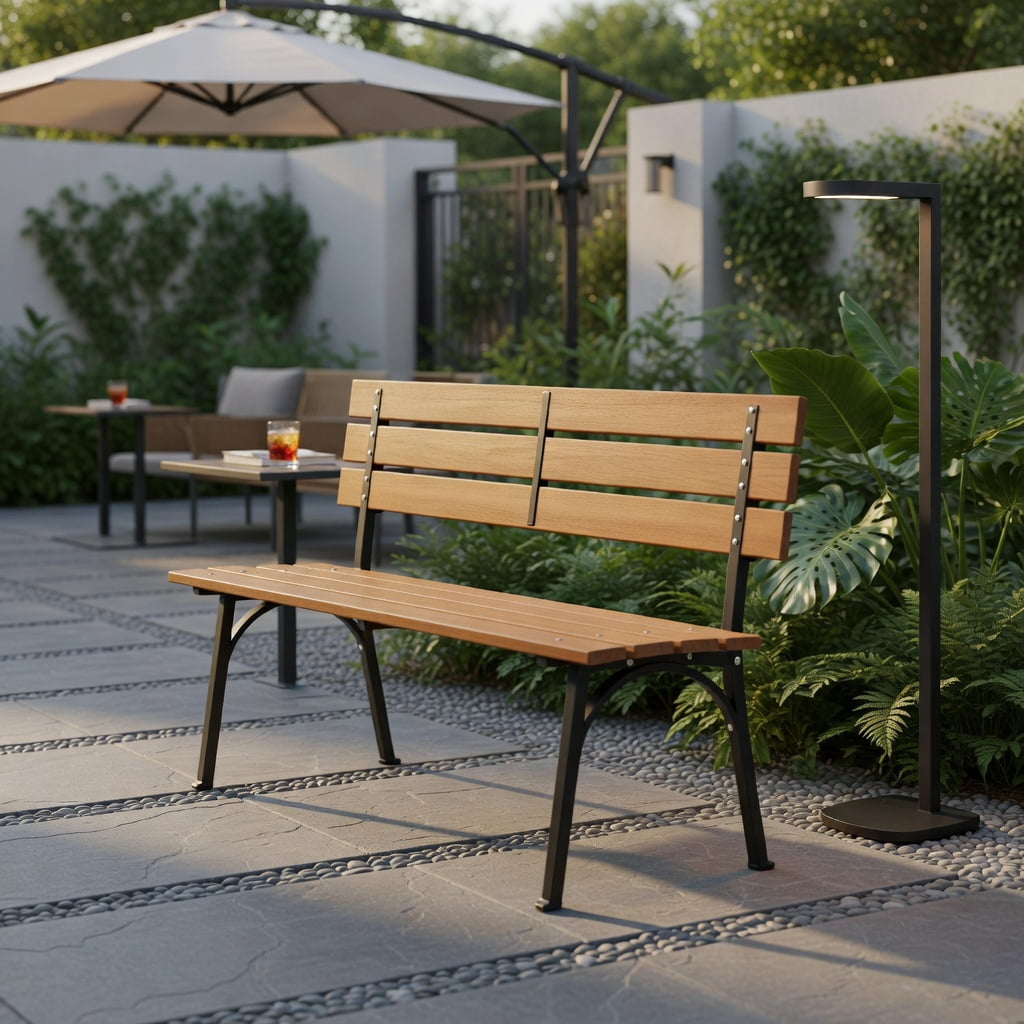 Hommoo 47" Outdoor Acacia Wood Bench with Black Metal Frame, Slatted Patio Bench for Backyard, Garden & Porch, Natural
