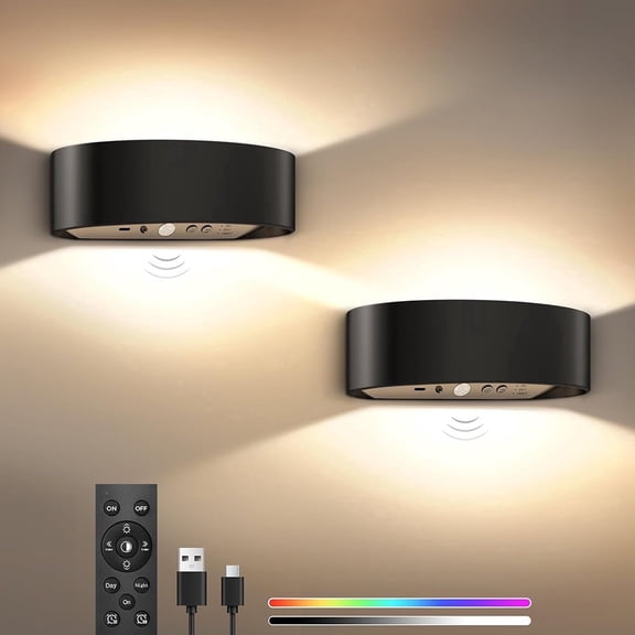 2 Pack Rechargeable Motion Sensor Night Lights Muti-Color Changeable Dimmable Fixtures Wall Lights with Remote Control for Bedroom, Hallway 