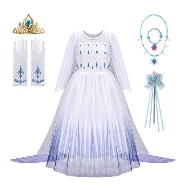 Nuevo disfraz de Elsa y Anna de Disney, vestido de princesa para niñas, vestido de baile de malla con lentejuelas blancas, ropa de carnaval, Cosplay para niños, Queen5-6T de nieve de 130CM Gao Jinjia LED