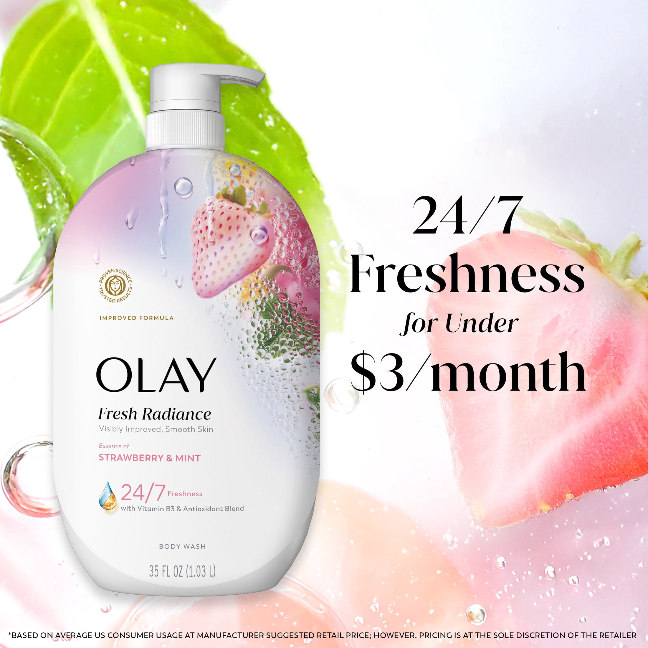 (4 pack) Olay Fresh Radiance Body Wash, Strawberry & Mint, with Vitamin B3, 35oz