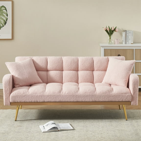 Aukfa Deep Tufted Futon Convertible Sofa Bed for Home Office, Upgraded Metal Base, Pink