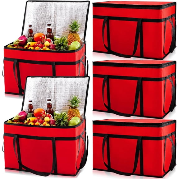 6 Insulated Food Delivery Bag XXXL Large Capacity Hot Cold Grocery Tote Bag Reusable Warming Cooler Pizza Catering Carrier for Commercial Travel Lunch Shopping Gifts (Red)