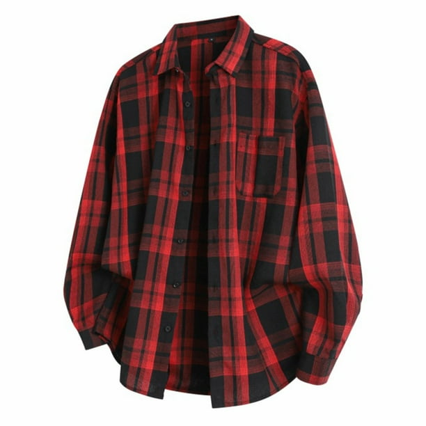 Blusa y camisa de manga larga con cuello vuelto para hombre, blusa informal a cuadros a la moda con botones y cuello vuelto, blusa de poliéster para hombre