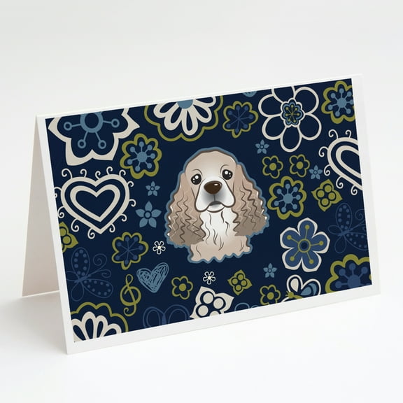 Blue Flowers Cocker Spaniel Greeting Cards and Envelopes Pack of 8