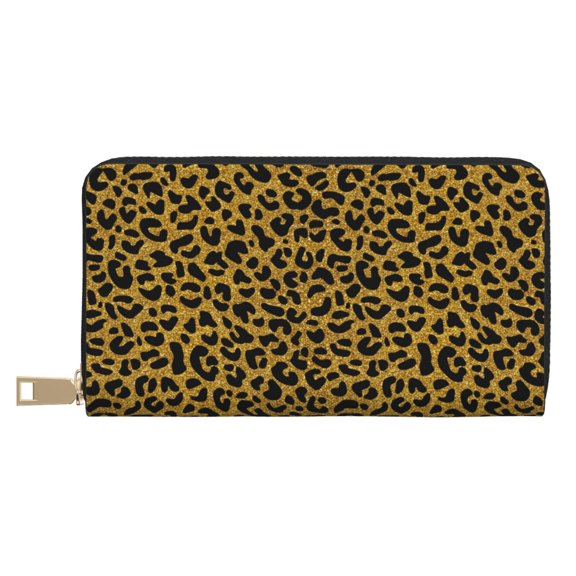 Leather Thin Slim Wallets for Women Men - gold glitter leopard print Clutch Card Wallet for Women Men with Zipper