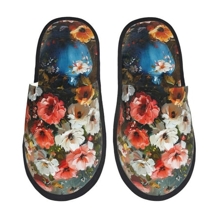 Balery Elegant Floral Vase Painting Slient Indoor Furry Fleece Comfort House Shoes Soft Non-Slip Home Shoes Cotton slippers House Slippers-- Medium