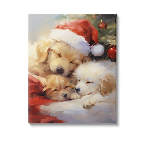 Stupell Industries Christmas Puppies by Tree Holiday Painting Gallery Wrapped Canvas Art Print Wall Art, 16 x 20