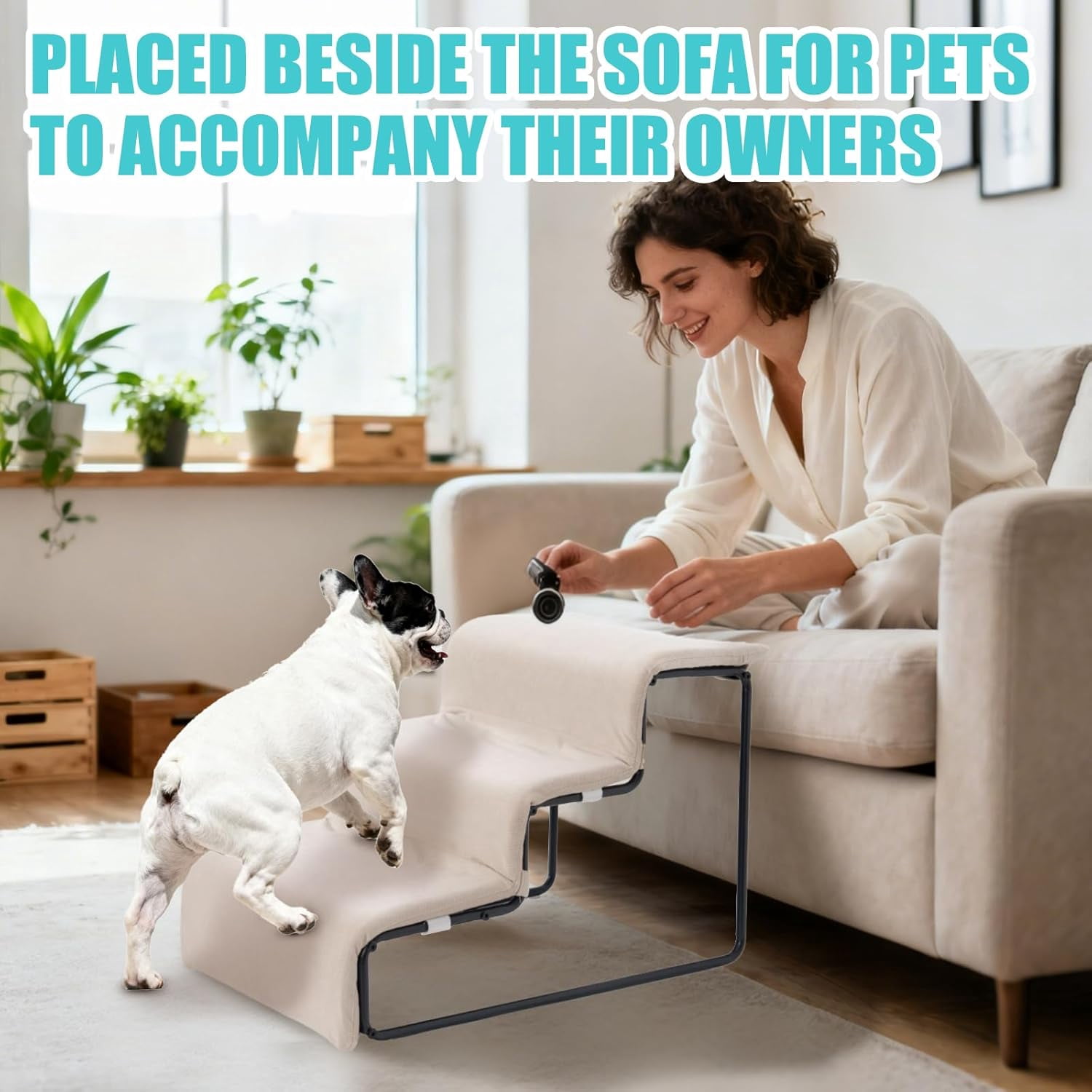 3-Step Pet Stairs with Soft Cushion, Non-Slip Gentle Slope Pet Steps, Sturdy Safe Climbing Stairs for Small Medium Dogs Cats, Easy Access to Bed Sofa Chair Windowsill