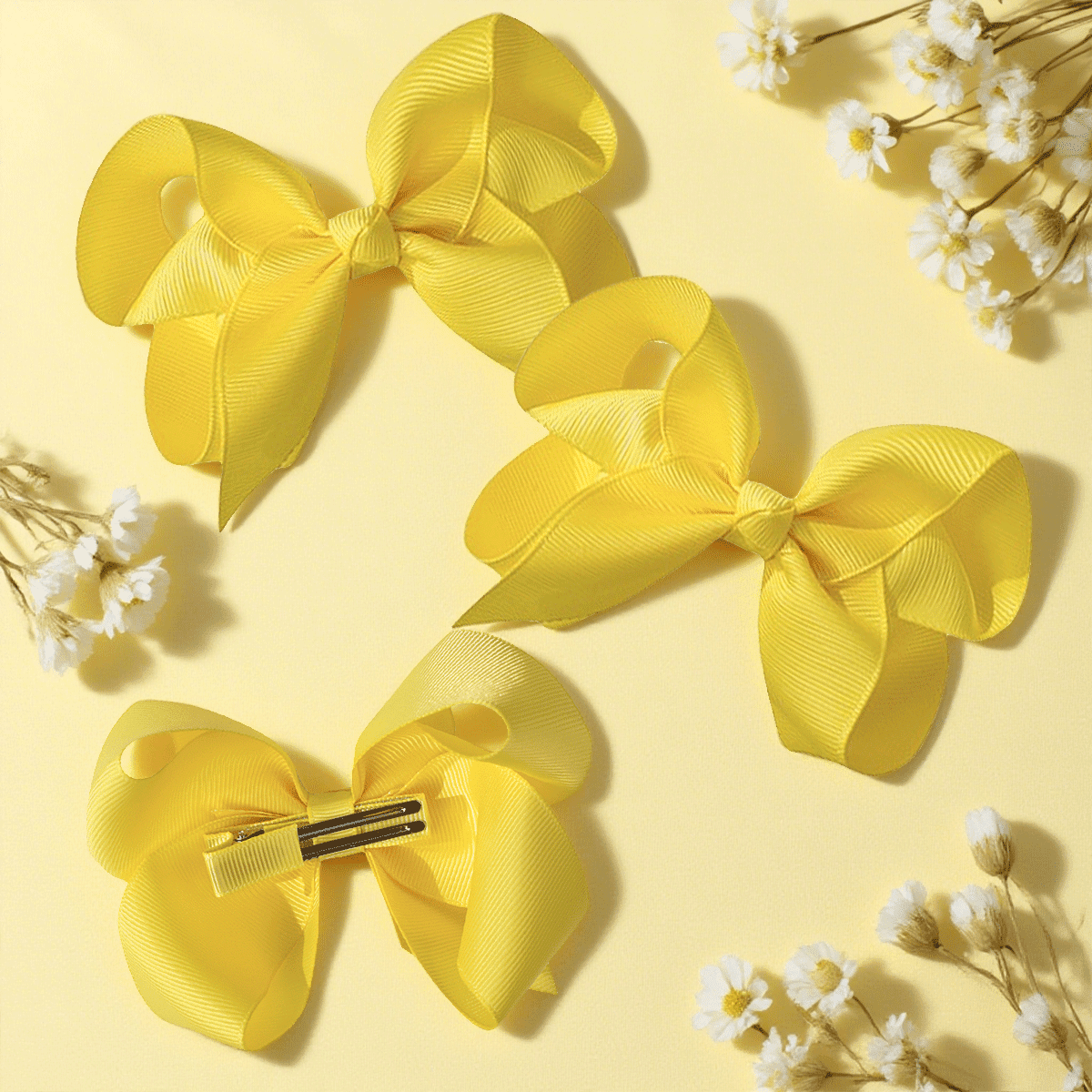 JoyBowie 24Pcs Hair Bows Set, 12x3In Solid Color & 12x4.5In Ruffled Edge Yellow Bows for Girls