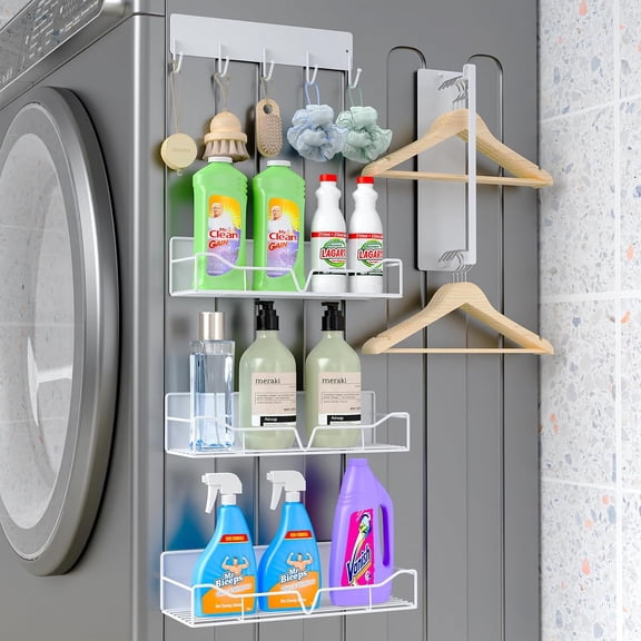 UniVerse 5PCS Washing Machine Storage Rack with Hooks and Hangers, Refrigerator, Washing Machine, Microwave, and Barbecue Grill Warehouse Storage Rack (White)