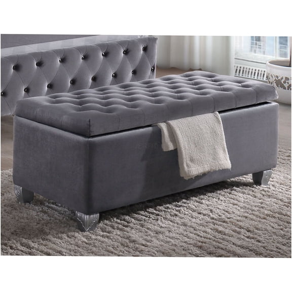 JERFIT Velvet Upholstered Storage Bench with Lift Top, Tufted Ottoman Bench for Bedroom Entryway, Grey